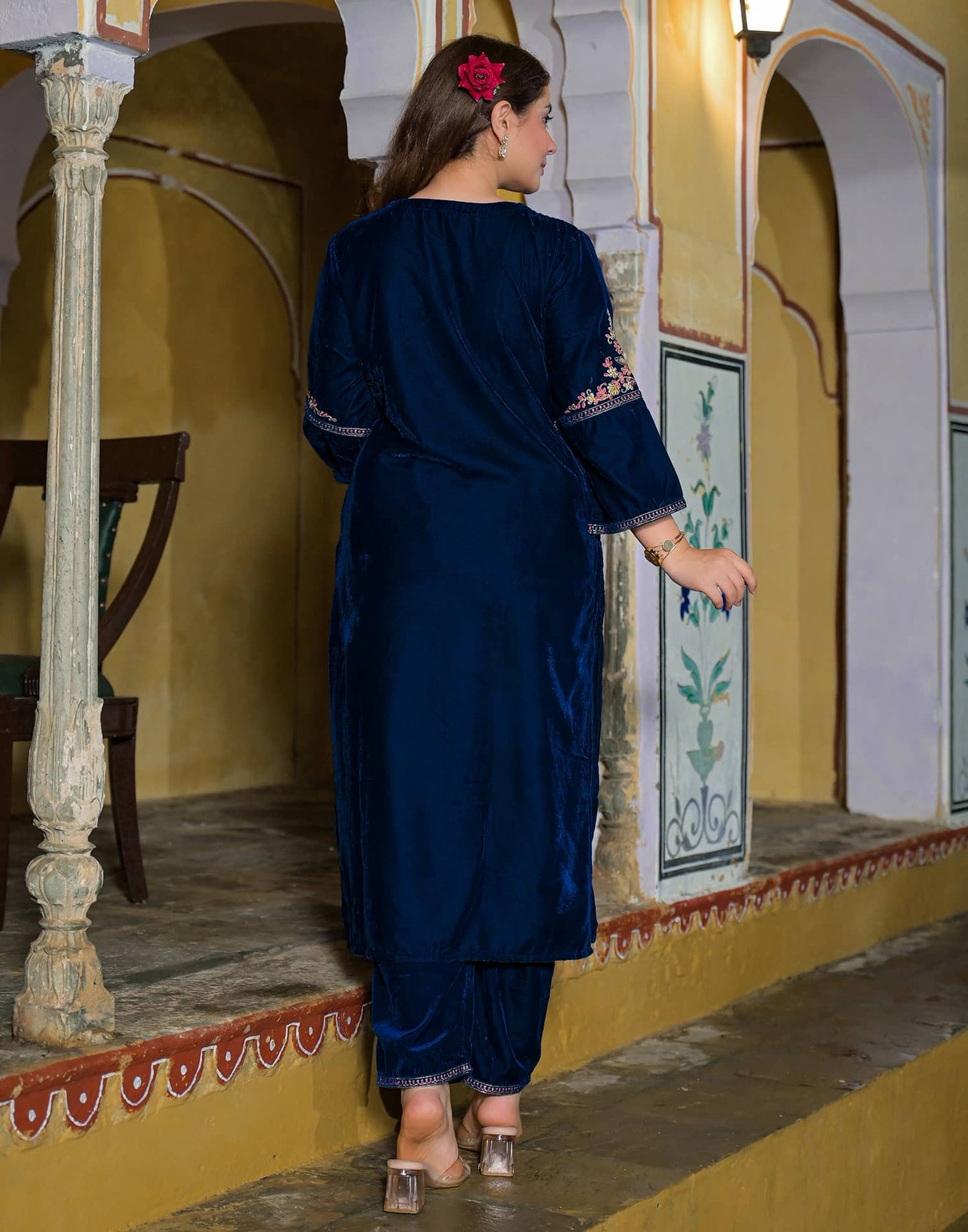 Velvet Straight Embroidery V-Neck Kurta with Pant & Dupatta