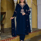 Velvet Straight Embroidery V-Neck Kurta with Pant & Dupatta