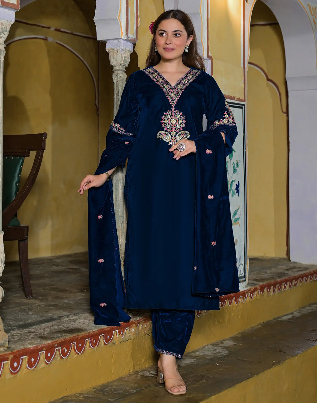 Velvet Embroidered Straight 3 Piece Kurta Set