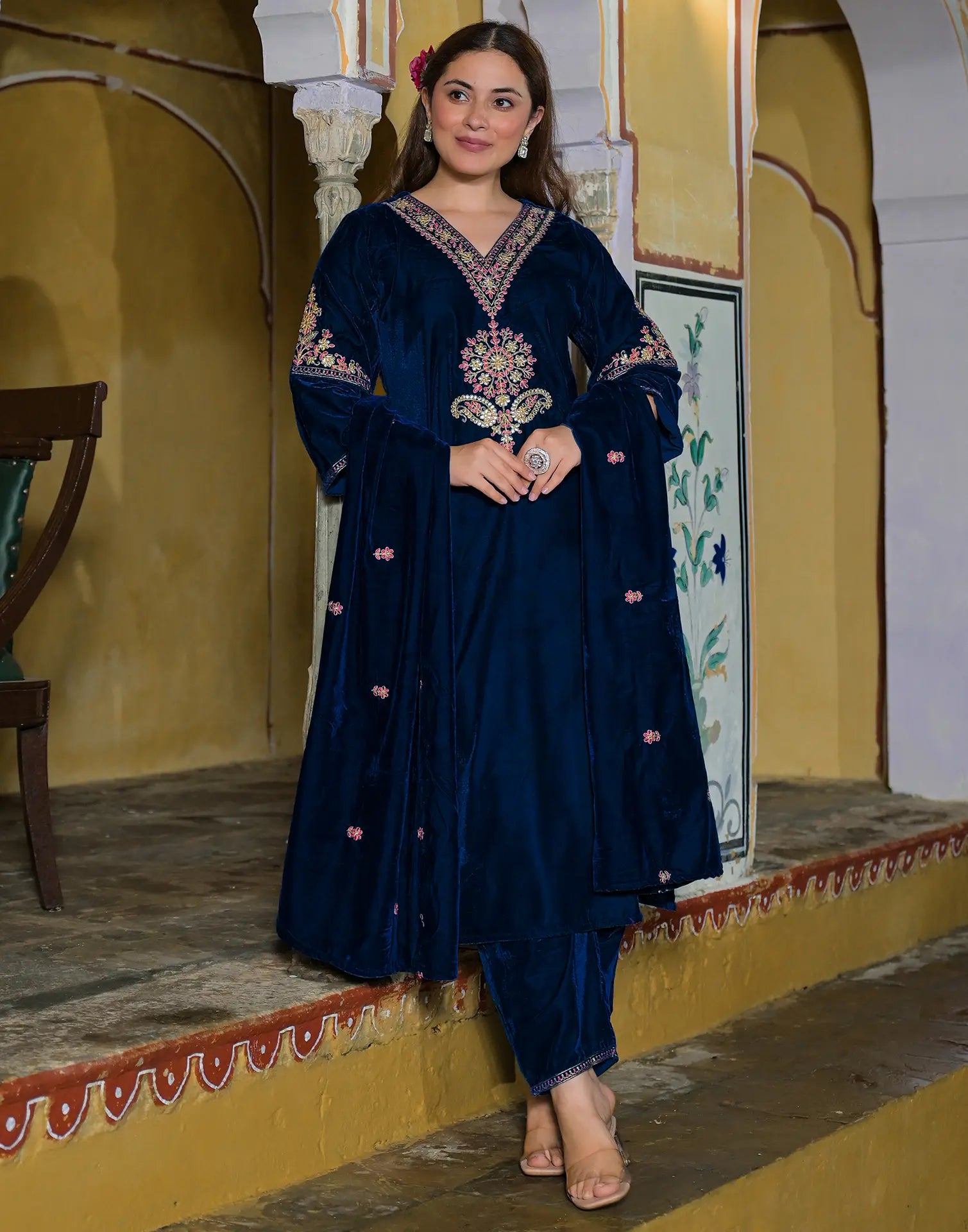 Velvet Embroidered Straight 3 Piece Kurta Set