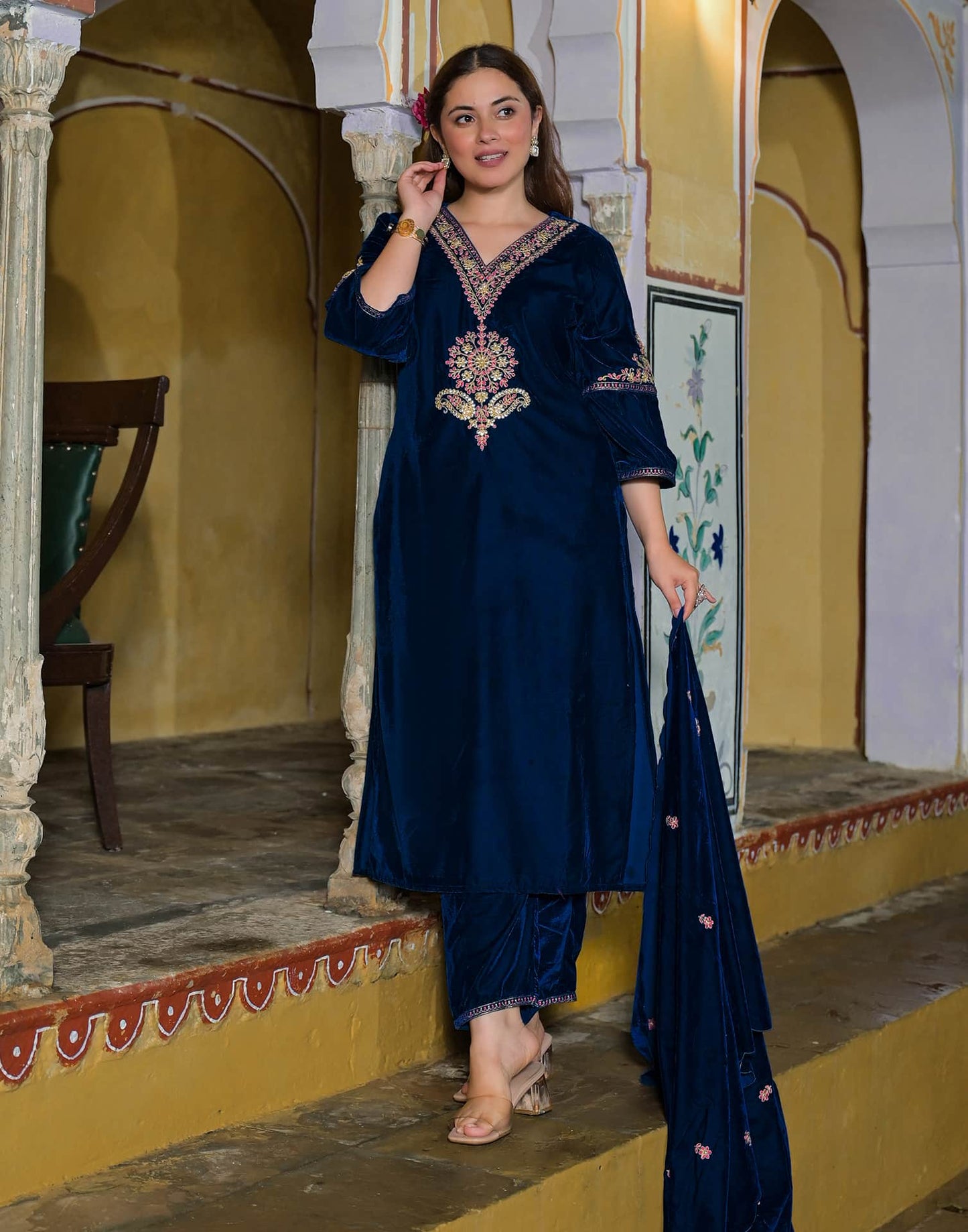 Velvet Straight Embroidery V-Neck Kurta with Pant & Dupatta