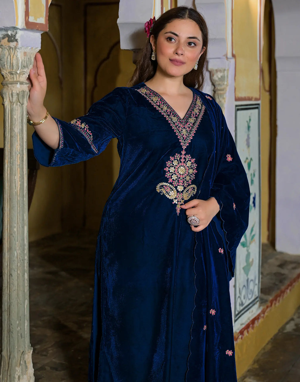 Velvet Embroidered Straight 3 Piece Kurta Set