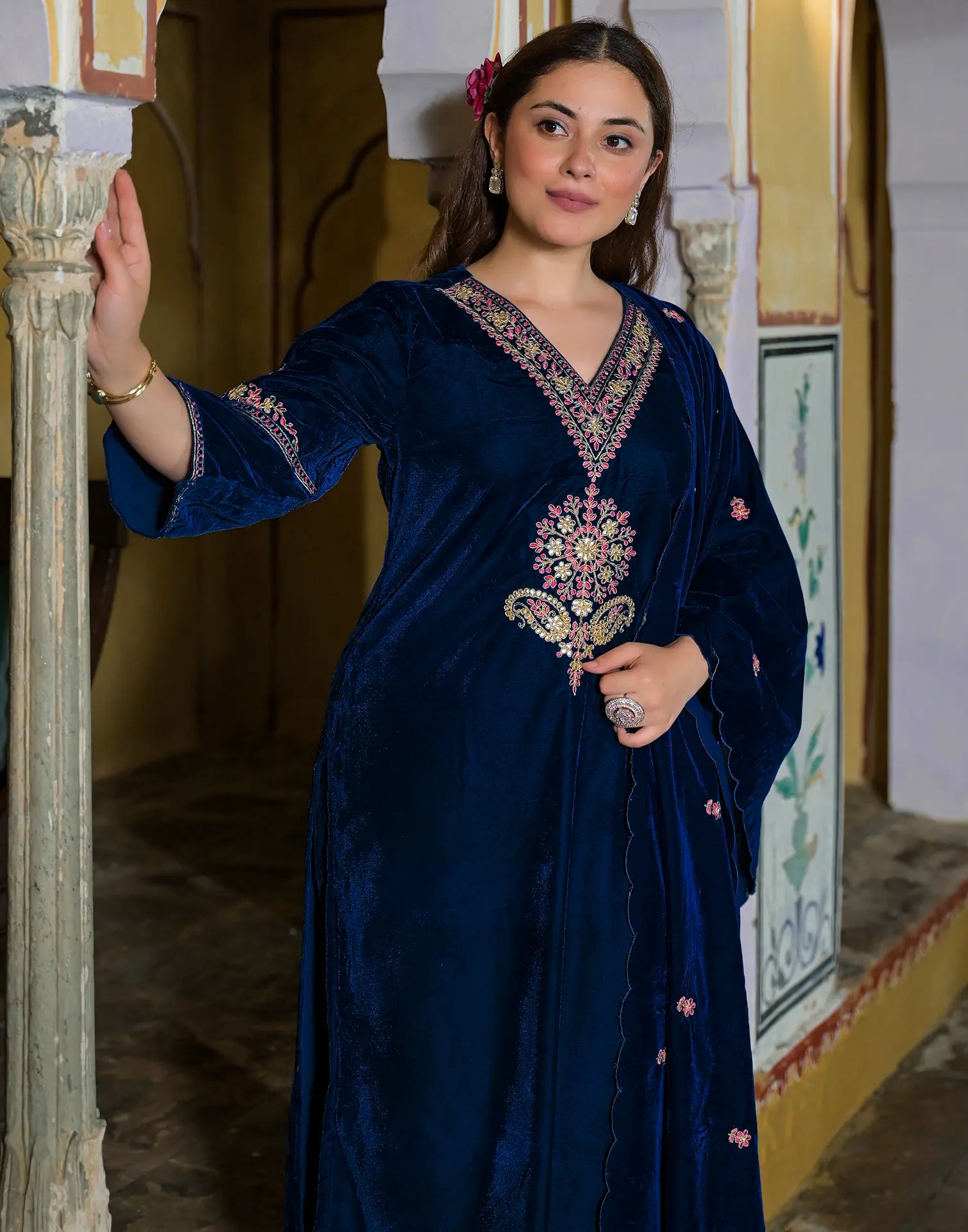 Velvet Embroidered Straight 3 Piece Kurta Set