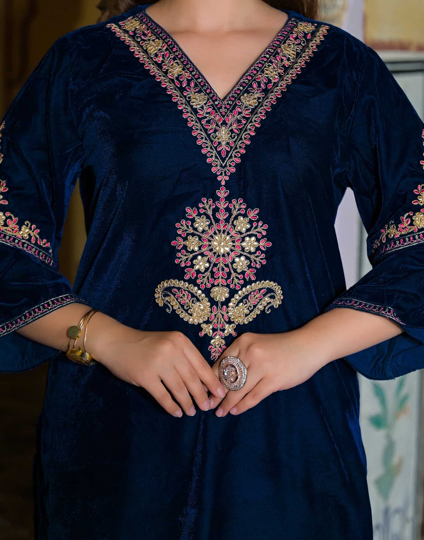 Velvet Straight Embroidery V-Neck Kurta with Pant & Dupatta