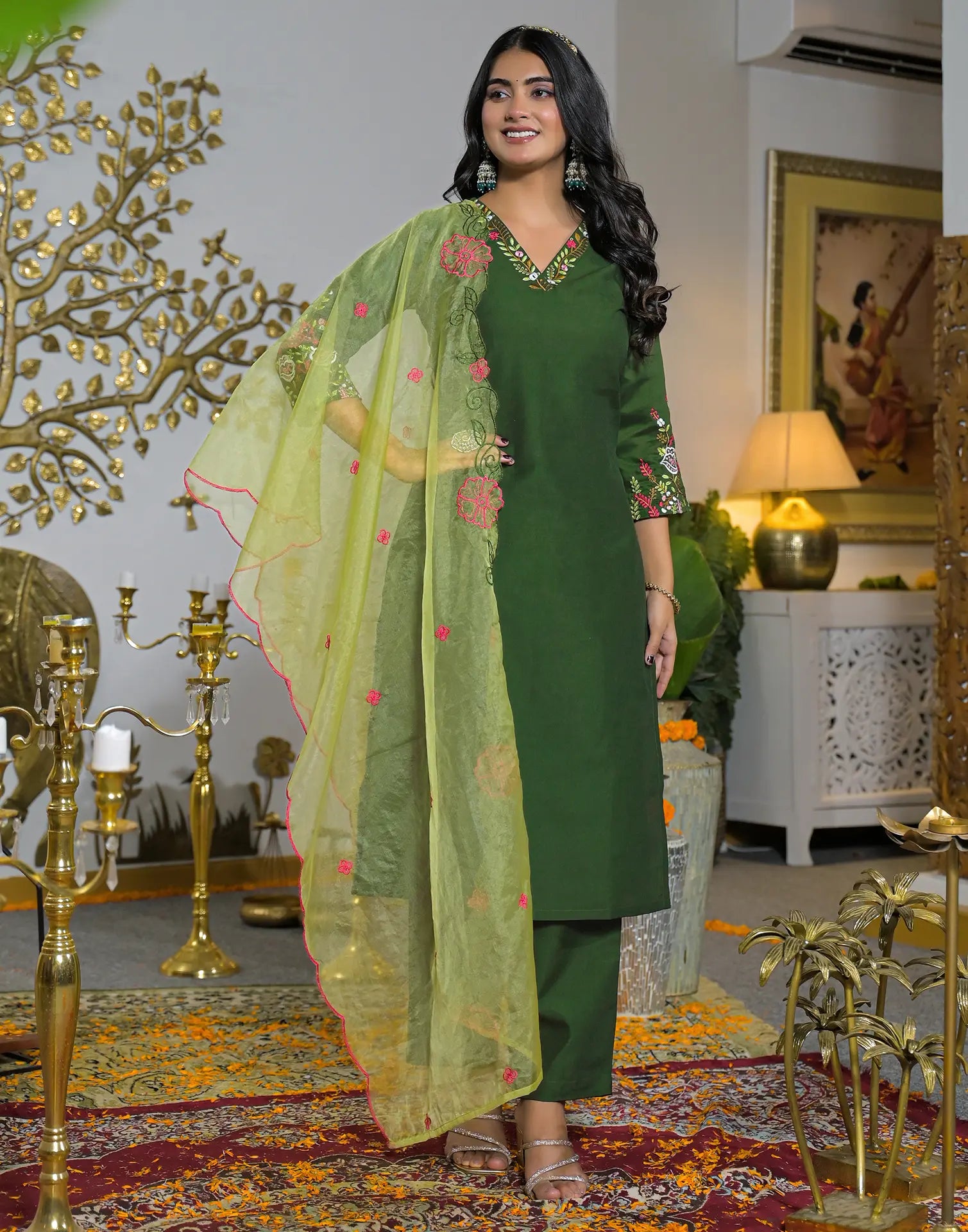 Poly Chinnon Embroidered Straight 3 Piece Kurta Set