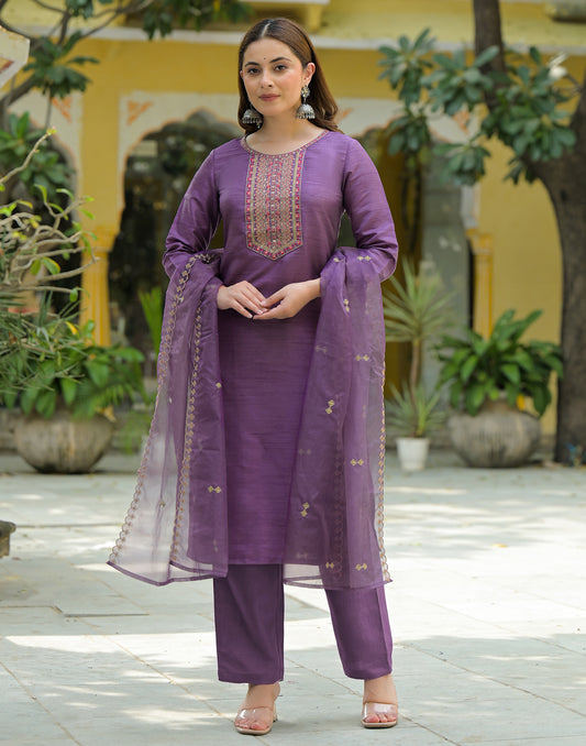 Silk Embroidered Straight 3 Piece Kurta Set