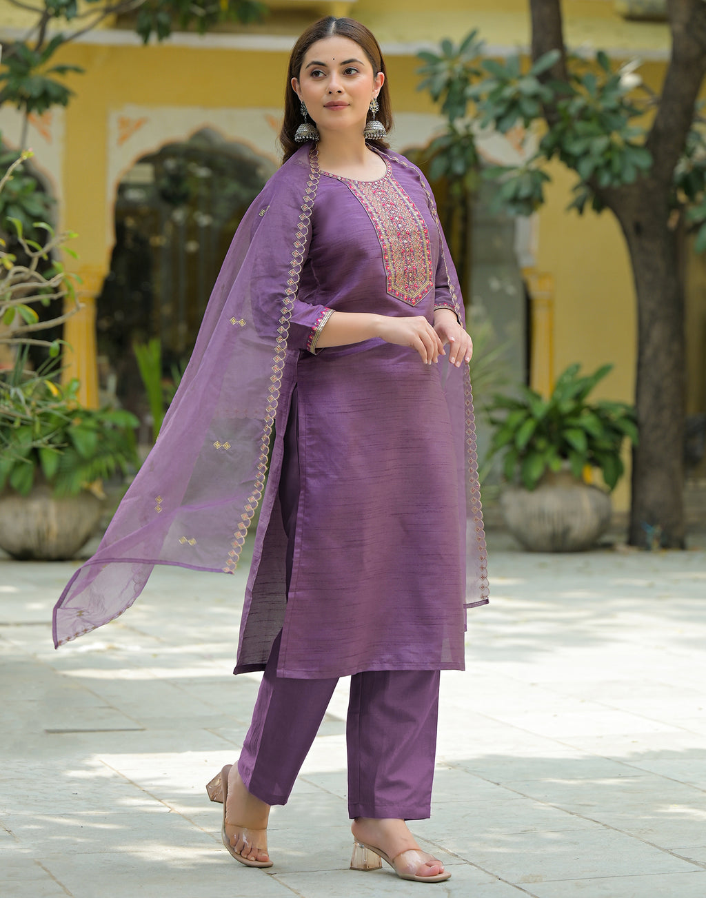 Skylee Silk Embroidered Straight 3 Piece Kurta Set For Woman
