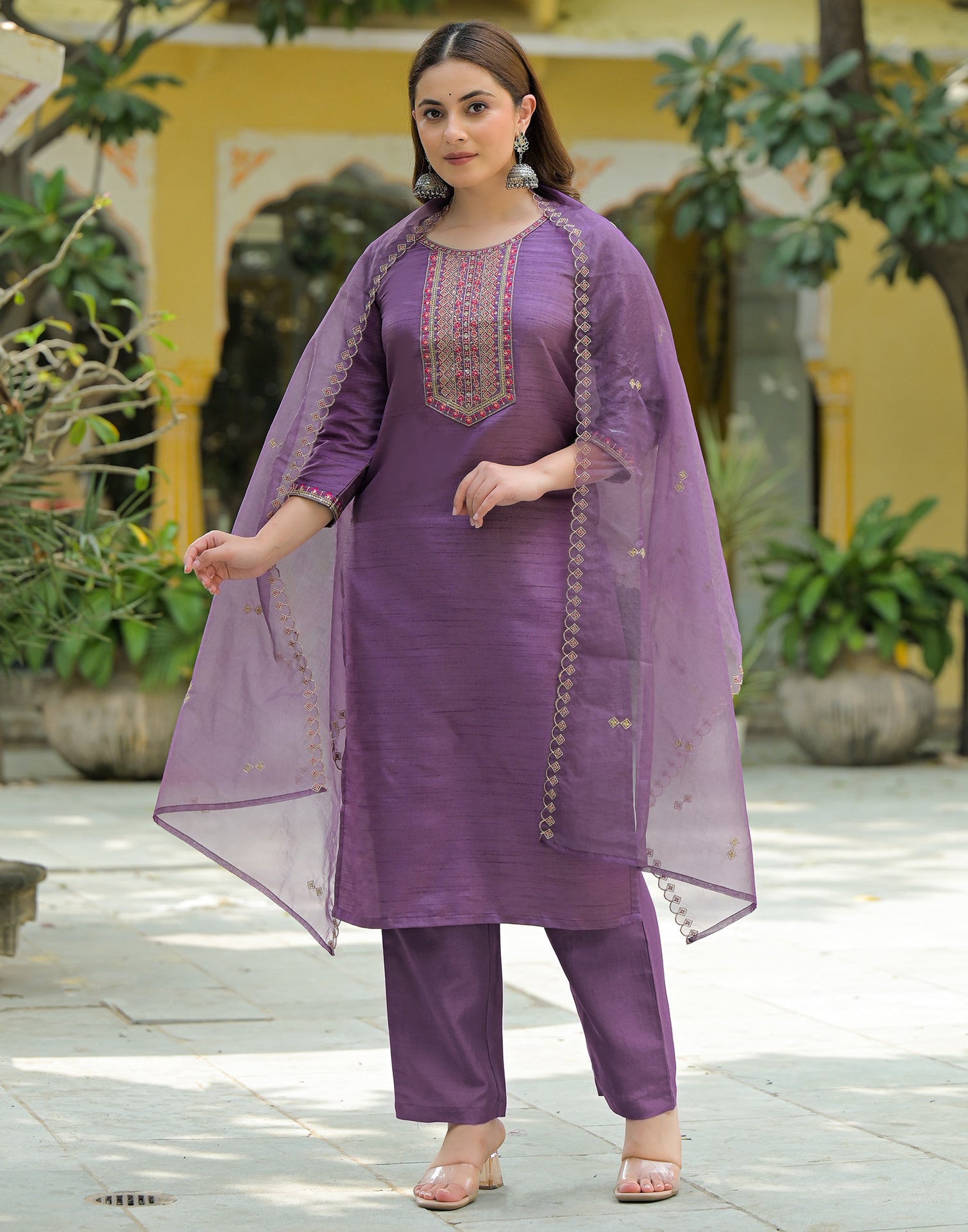 Skylee Silk Embroidered Straight 3 Piece Kurta Set For Woman