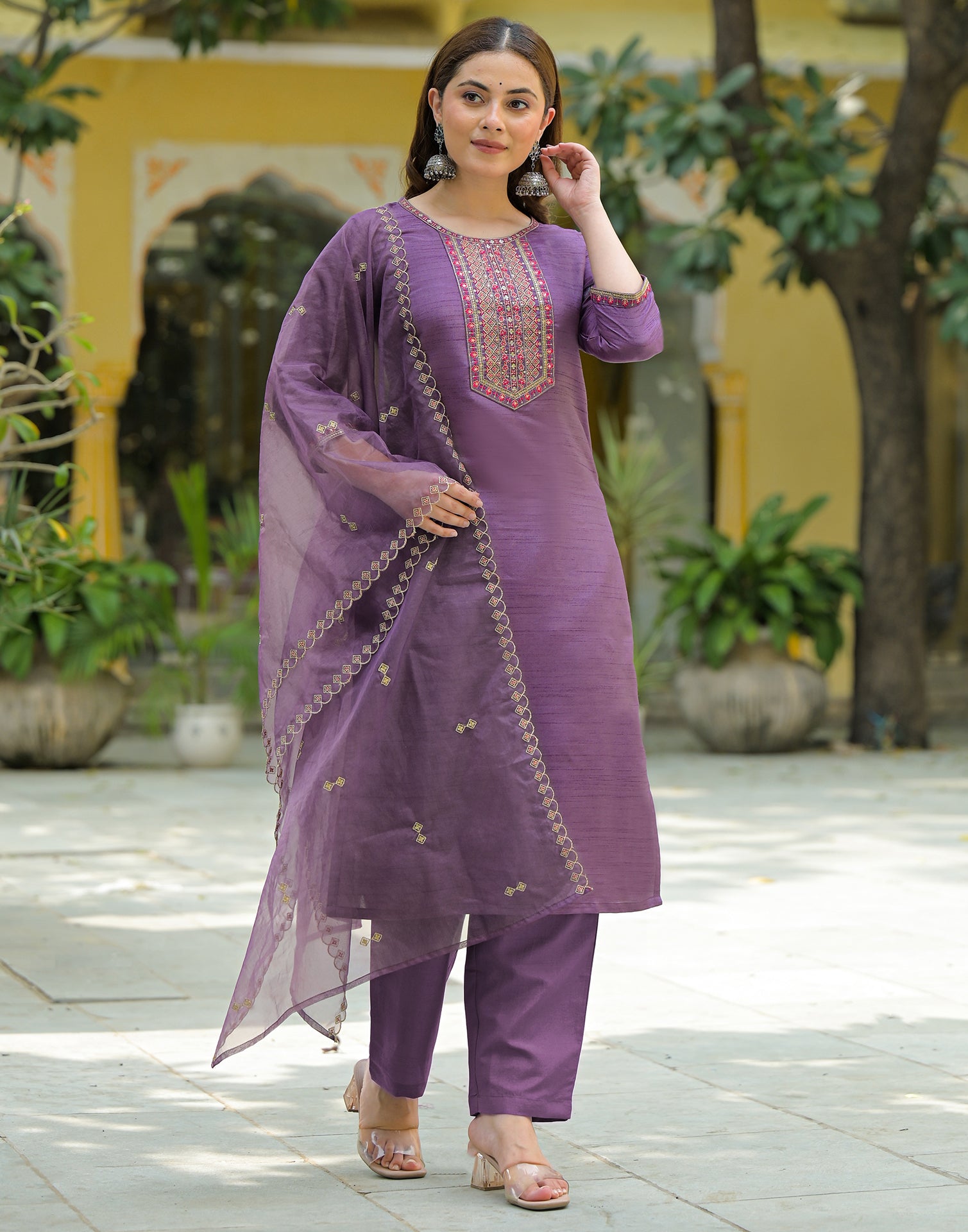 Skylee Silk Embroidered Straight 3 Piece Kurta Set For Woman