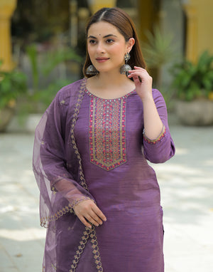 Silk Embroidered Straight 3 Piece Kurta Set