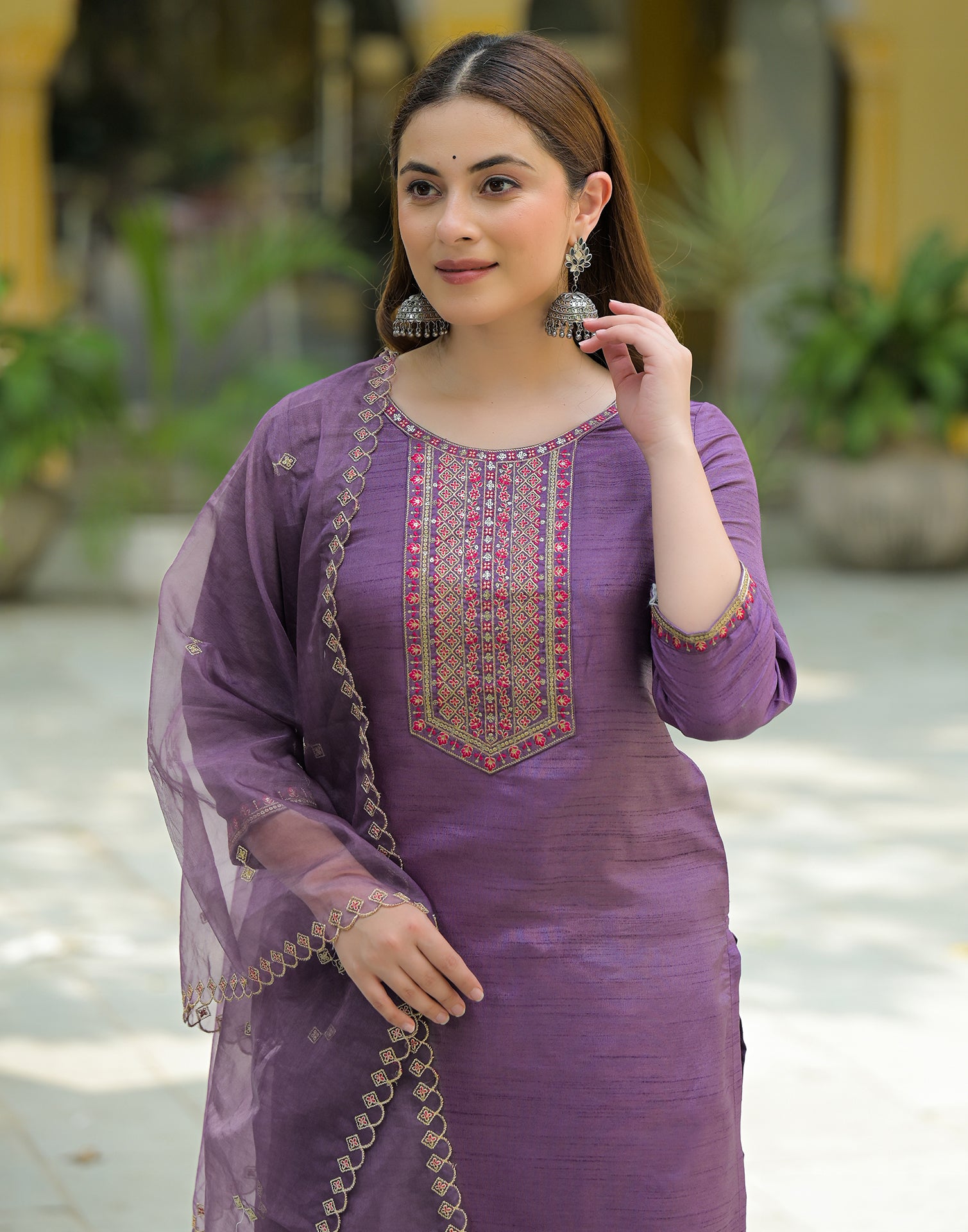 Skylee Silk Embroidered Straight 3 Piece Kurta Set For Woman