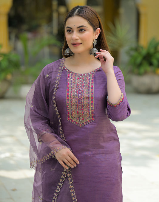 Silk Embroidered Straight 3 Piece Kurta Set