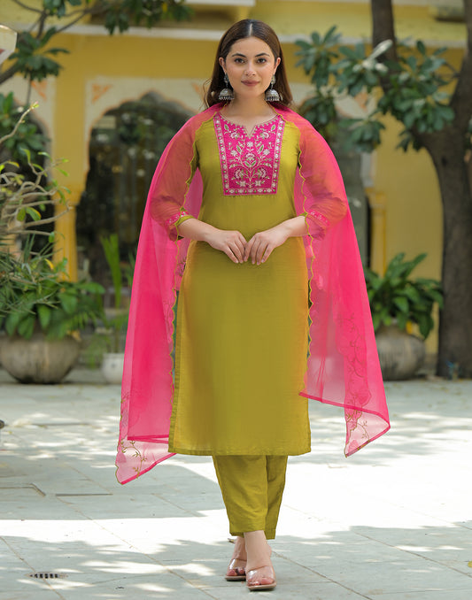 Silk Embroidered Straight 3 Piece Kurta Set