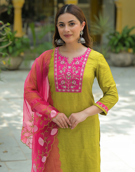 Silk Embroidered Straight 3 Piece Kurta Set