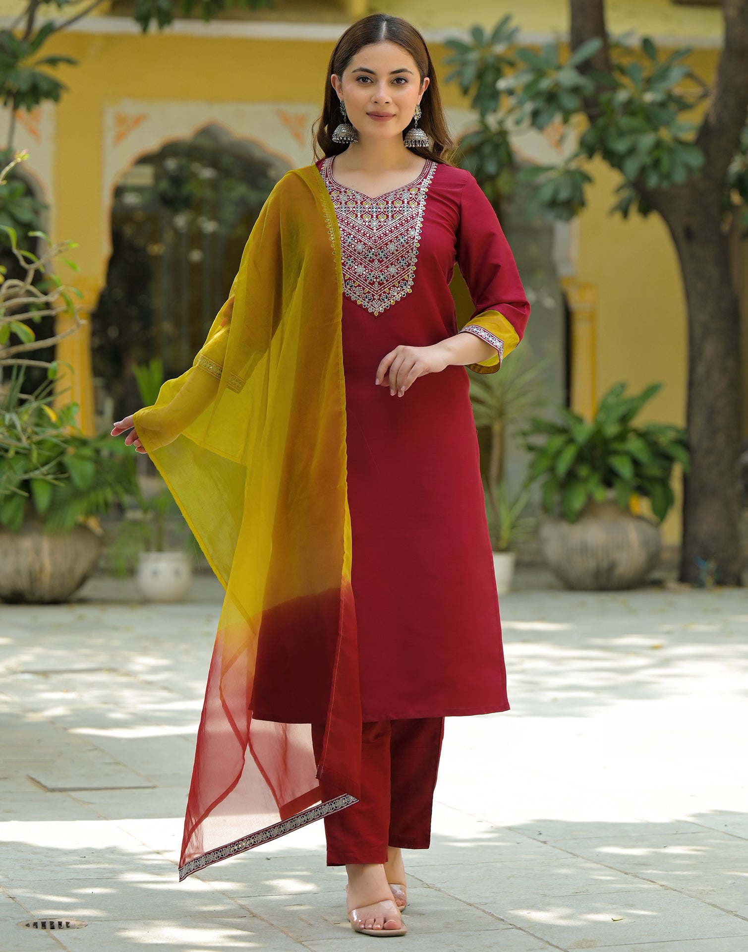 Skylee Silk Embroidered Straight 3 Piece Kurta Set For Woman