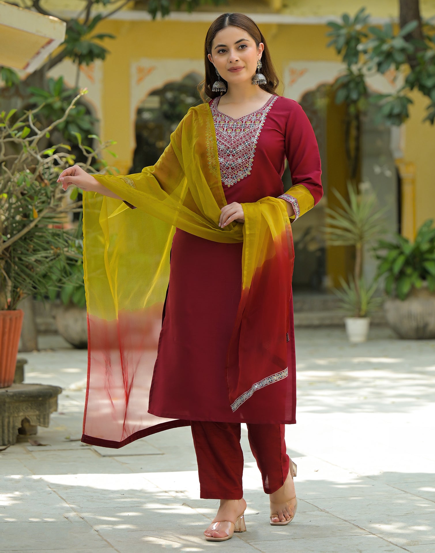 Skylee Silk Embroidered Straight 3 Piece Kurta Set For Woman