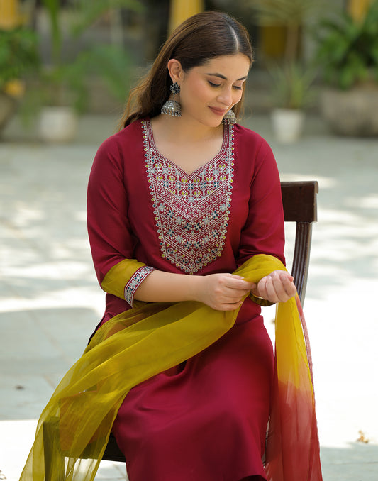 Silk Embroidered Straight 3 Piece Kurta Set
