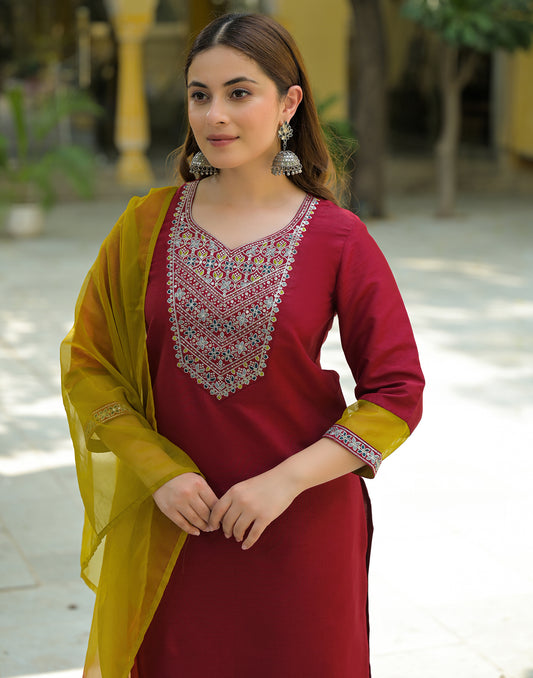 Silk Embroidered Straight 3 Piece Kurta Set