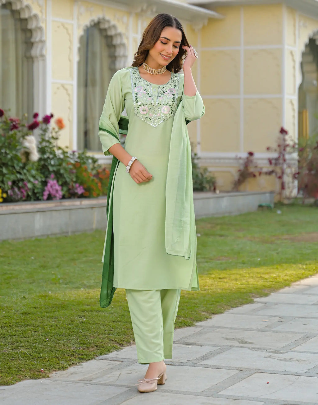 Skylee Chinnon Sequins Work Straight 3 Piece Kurta Set For Woman