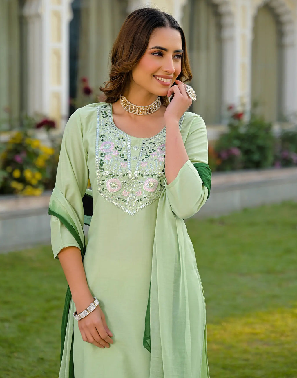 Skylee Chinnon Sequins Work Straight 3 Piece Kurta Set For Woman