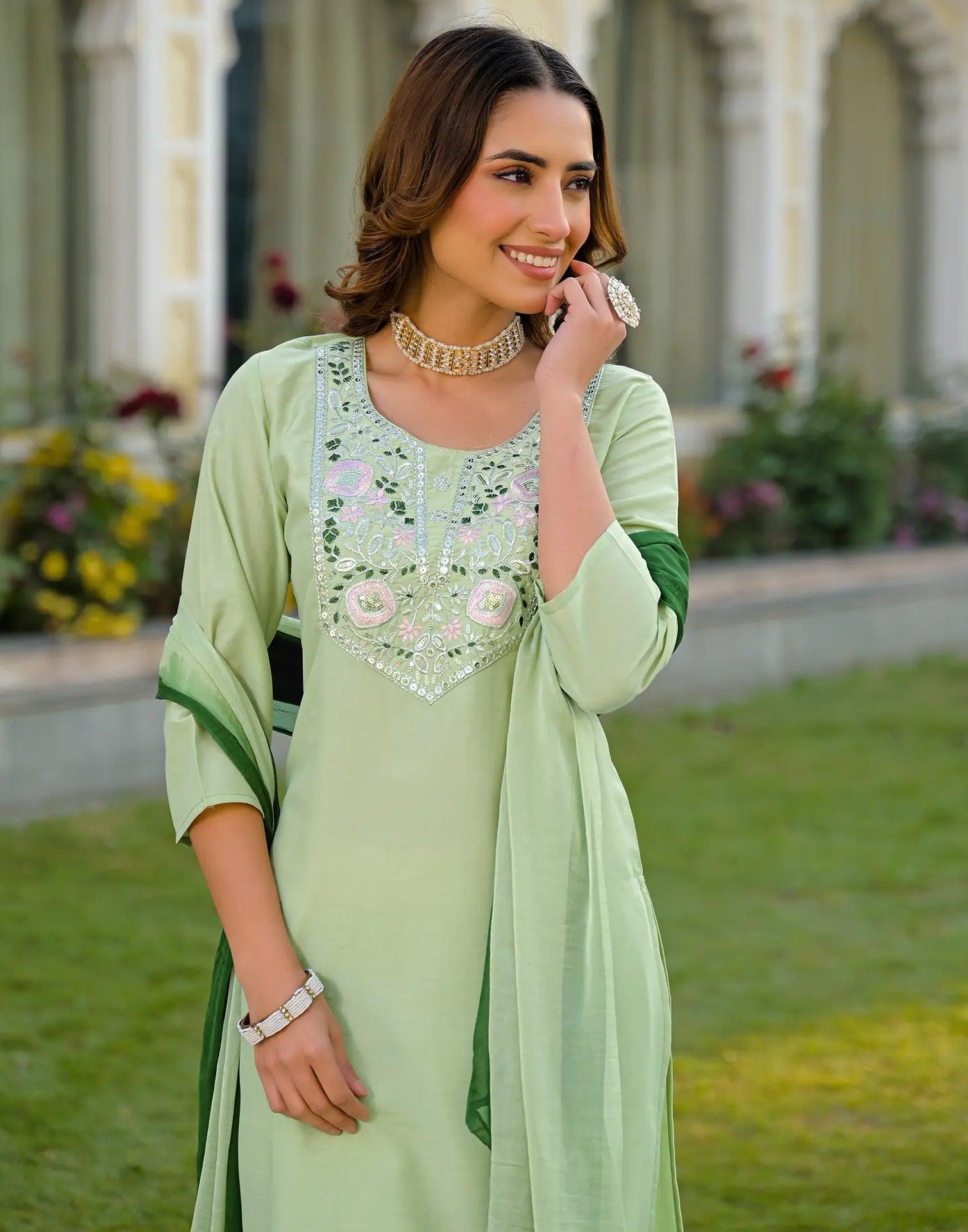 Skylee Chinnon Sequins Work Straight 3 Piece Kurta Set For Woman