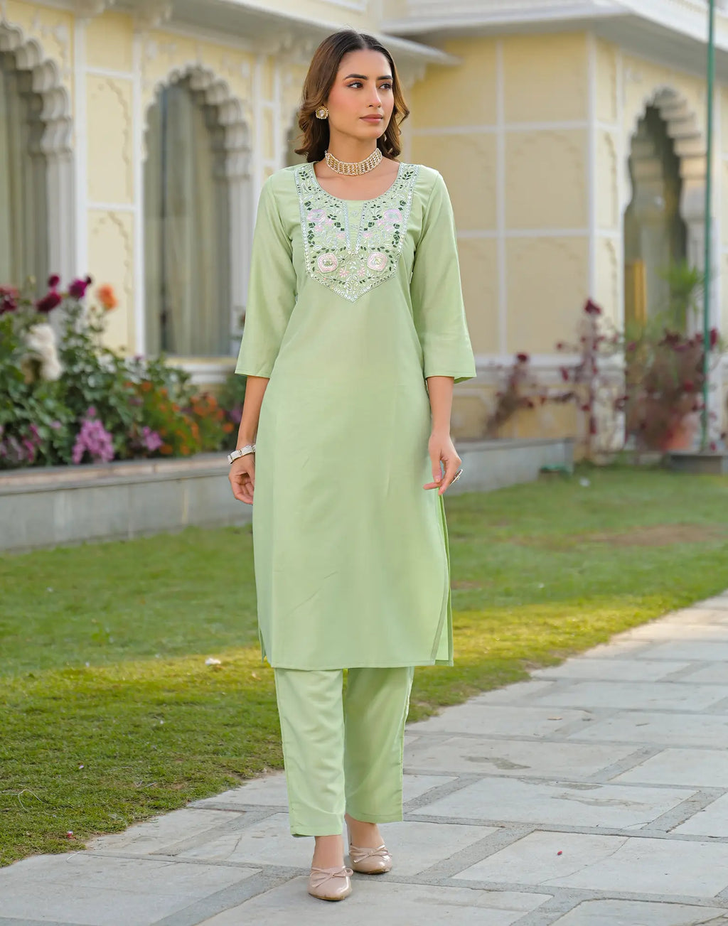 Skylee Chinnon Sequins Work Straight 3 Piece Kurta Set For Woman