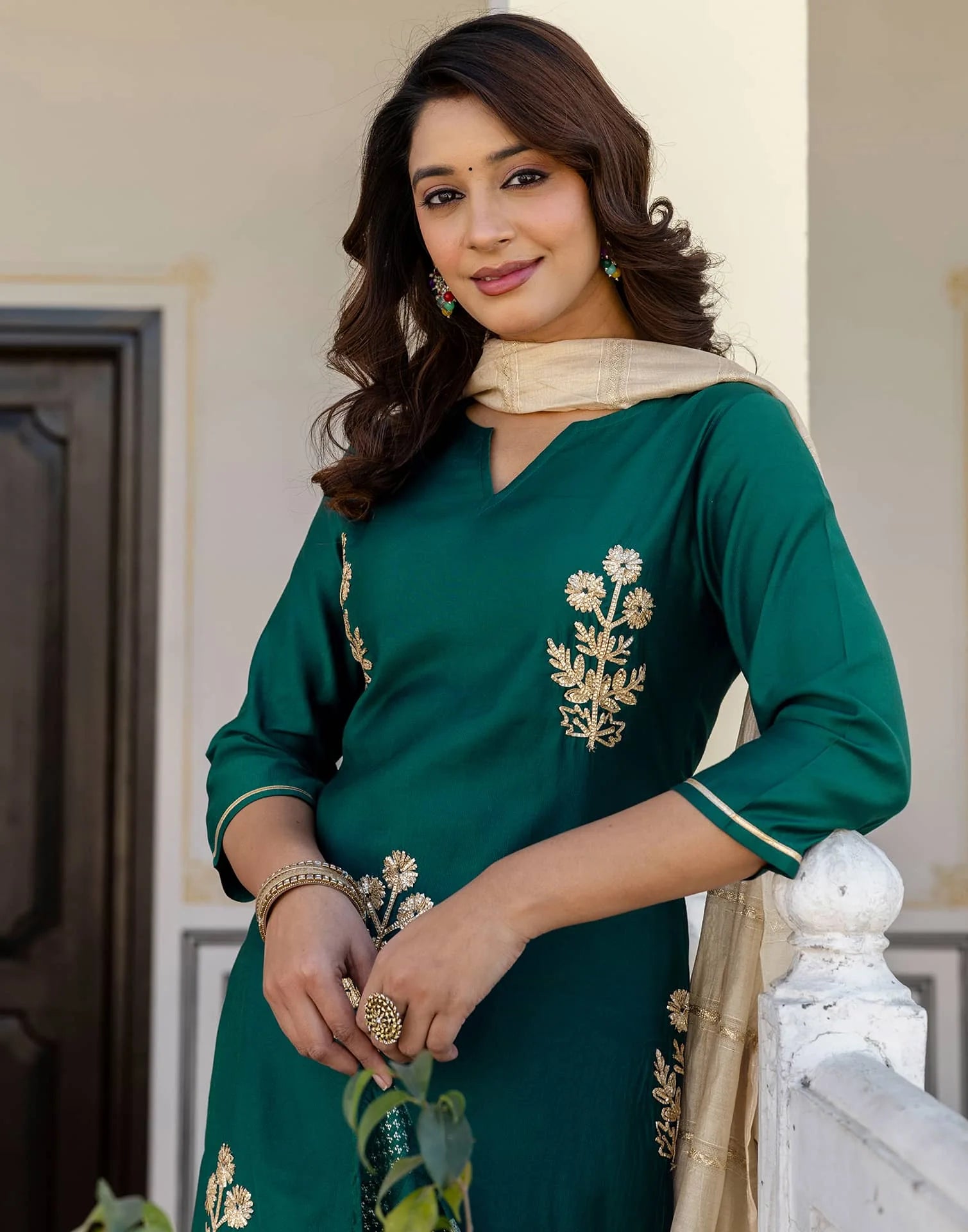 Skylee Silk Blend Gota work Straight 3 Piece Kurta Set For Woman