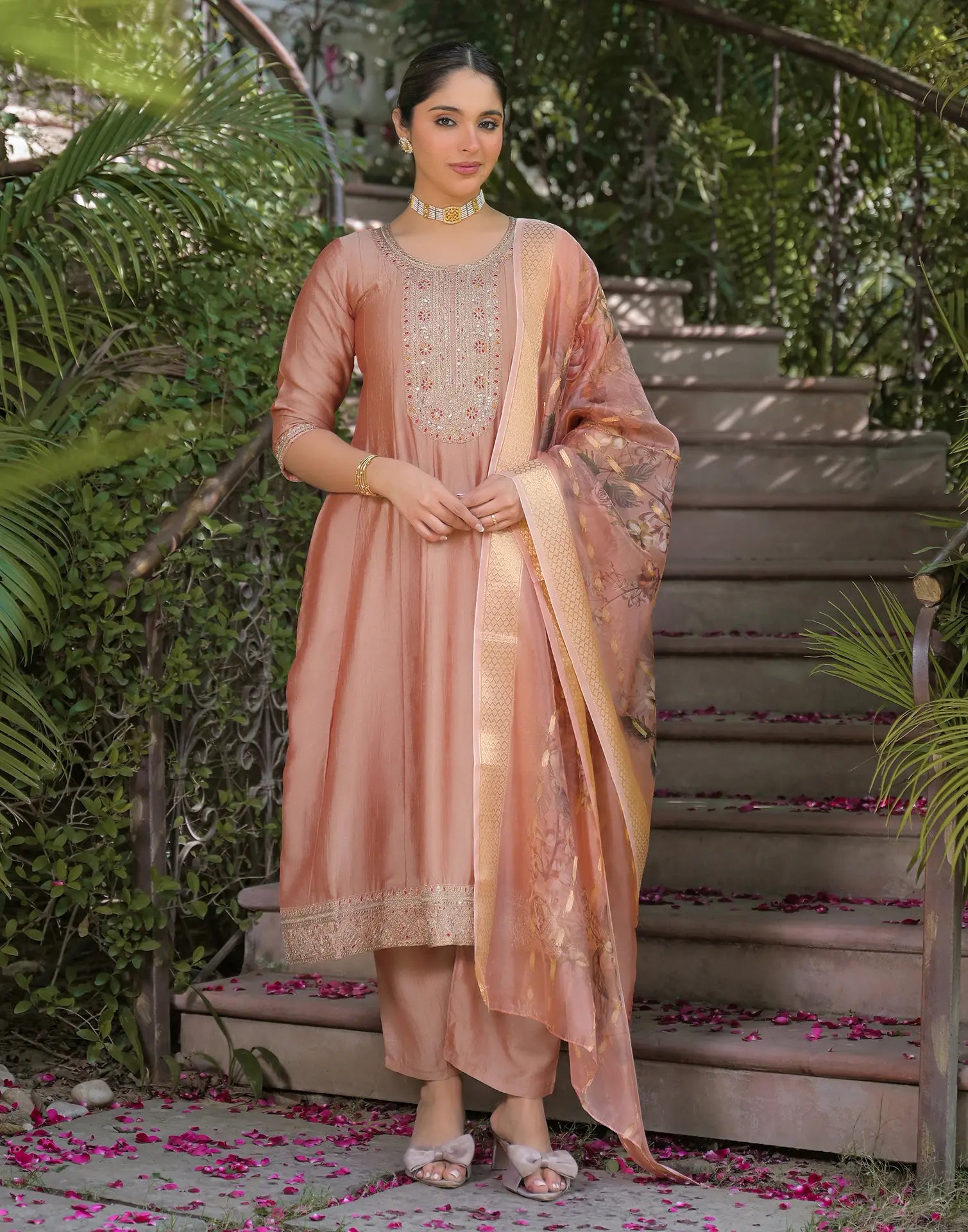 Poly Chinnon Embroidered Anarkali 3 Piece Kurta Set