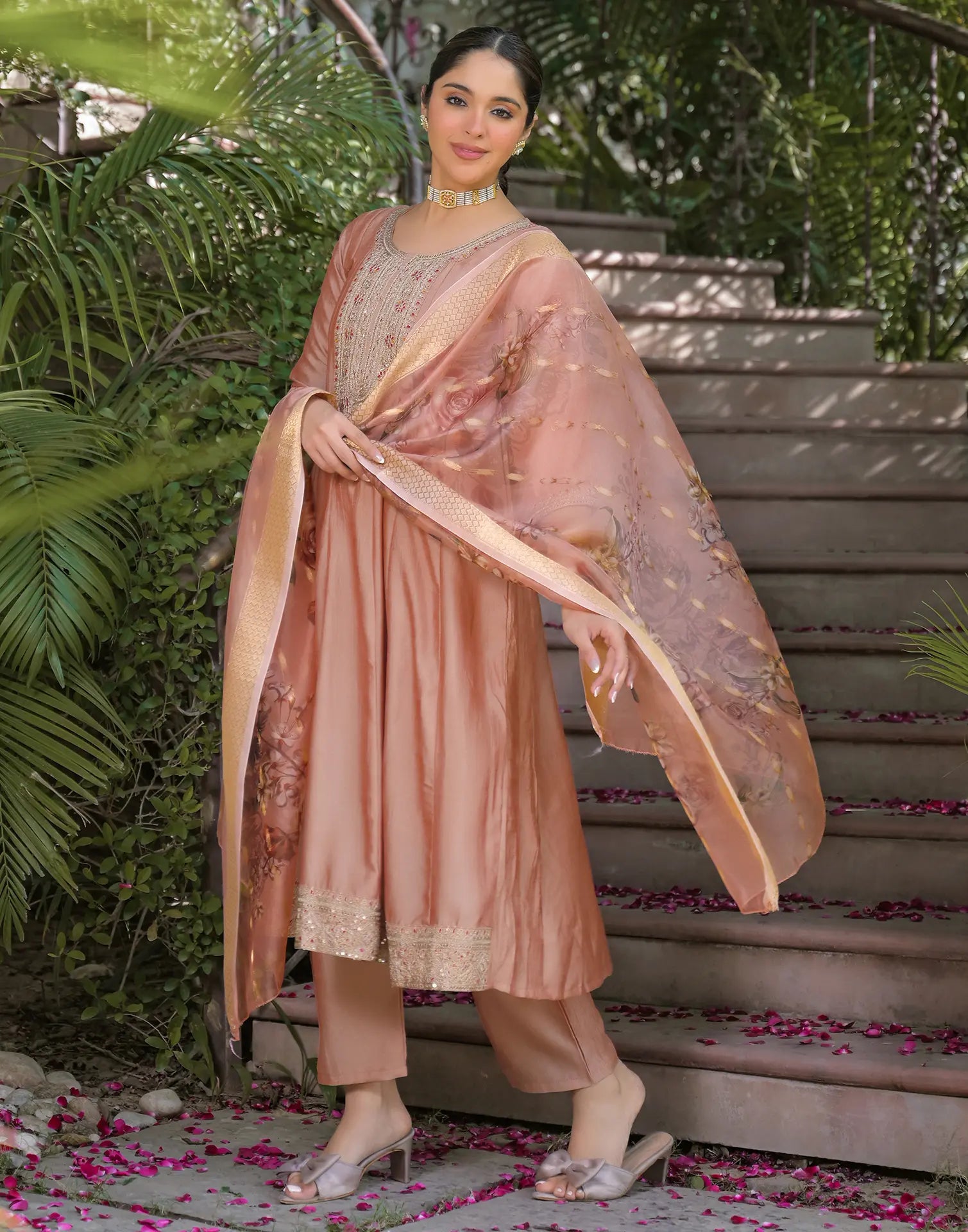 Poly Chinnon Embroidered Anarkali 3 Piece Kurta Set