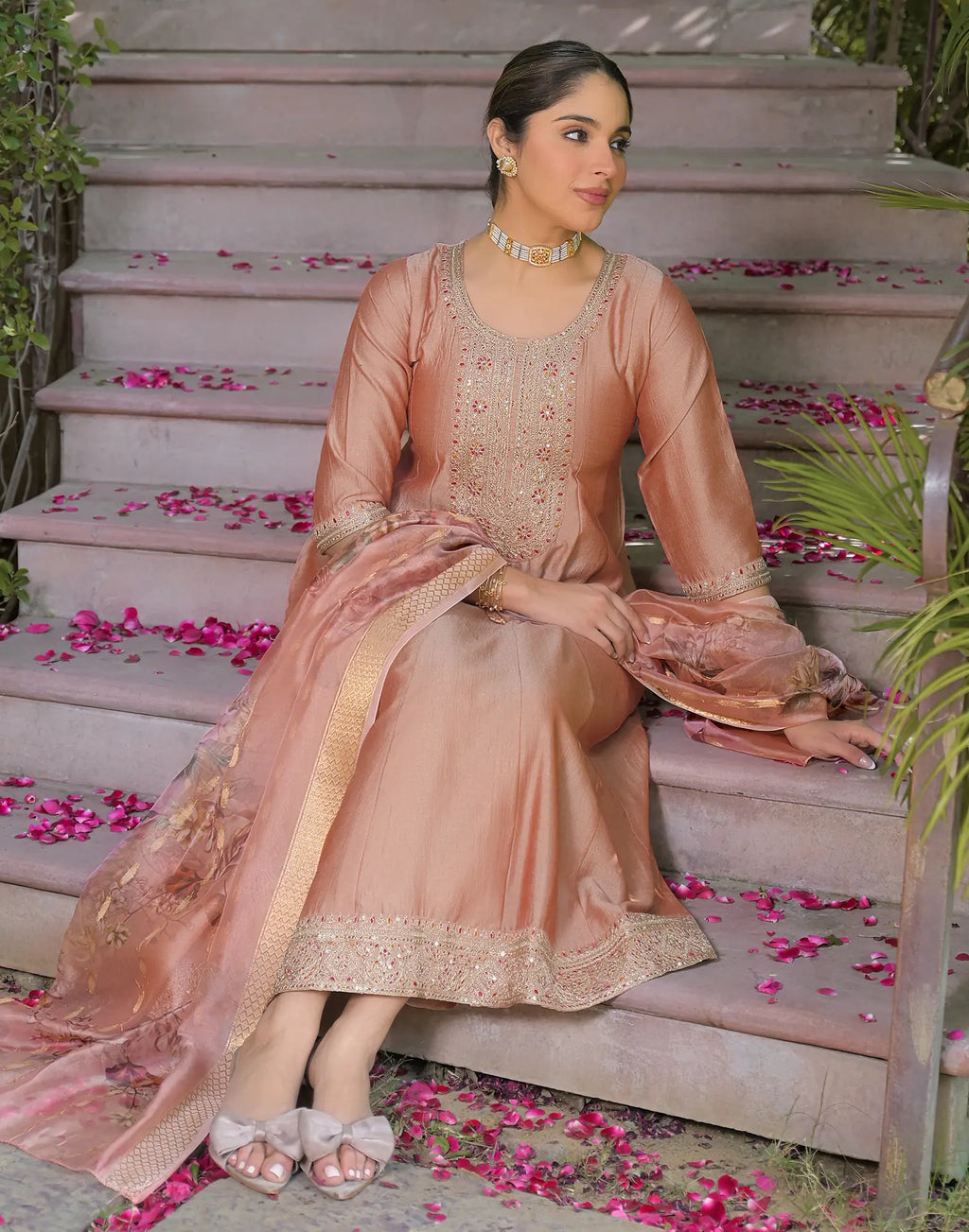 Poly Chinnon Embroidered Anarkali 3 Piece Kurta Set