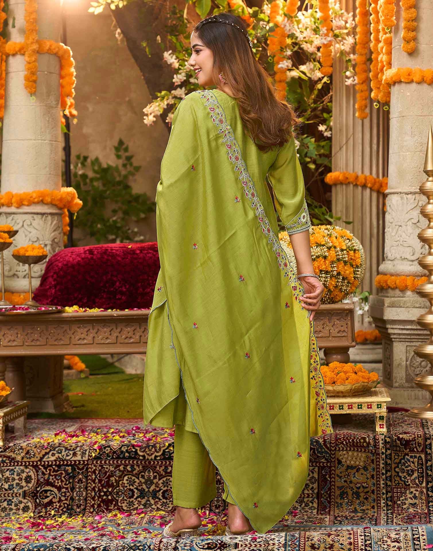 Skylee Silk Embroidered A-Line 3 Piece Kurta Set For Woman