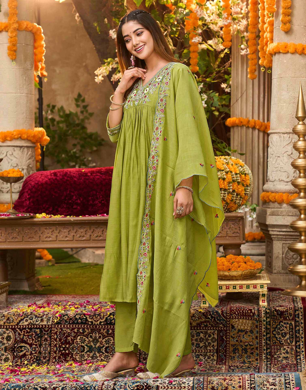 Skylee Silk Embroidered A-Line 3 Piece Kurta Set For Woman