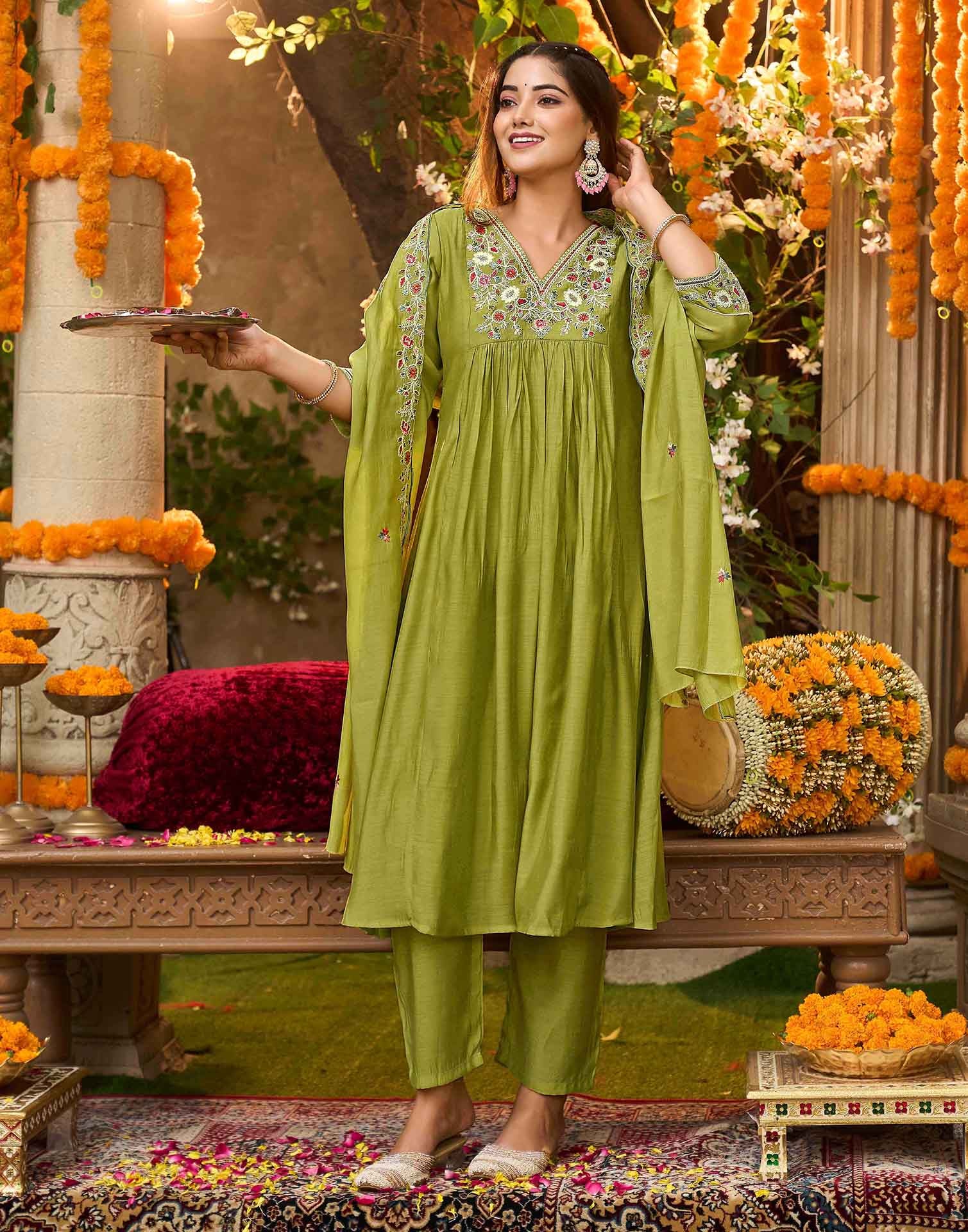 Skylee Silk Embroidered A-Line 3 Piece Kurta Set For Woman