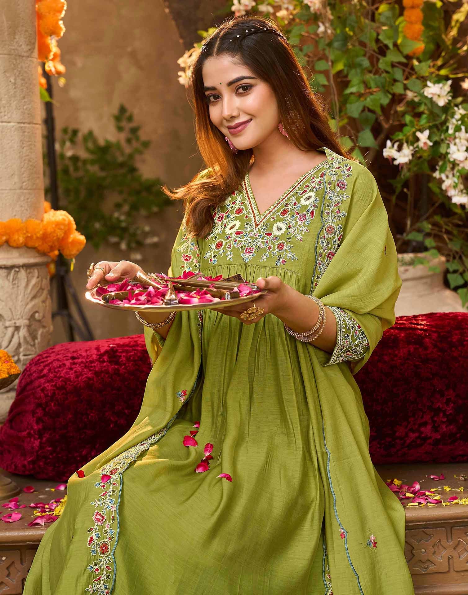 Skylee Silk Embroidered A-Line 3 Piece Kurta Set For Woman