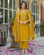 Skylee Silk Foil Print Straight 3 Piece Kurta Set For Woman