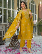 Skylee Silk Foil Print Straight 3 Piece Kurta Set For Woman