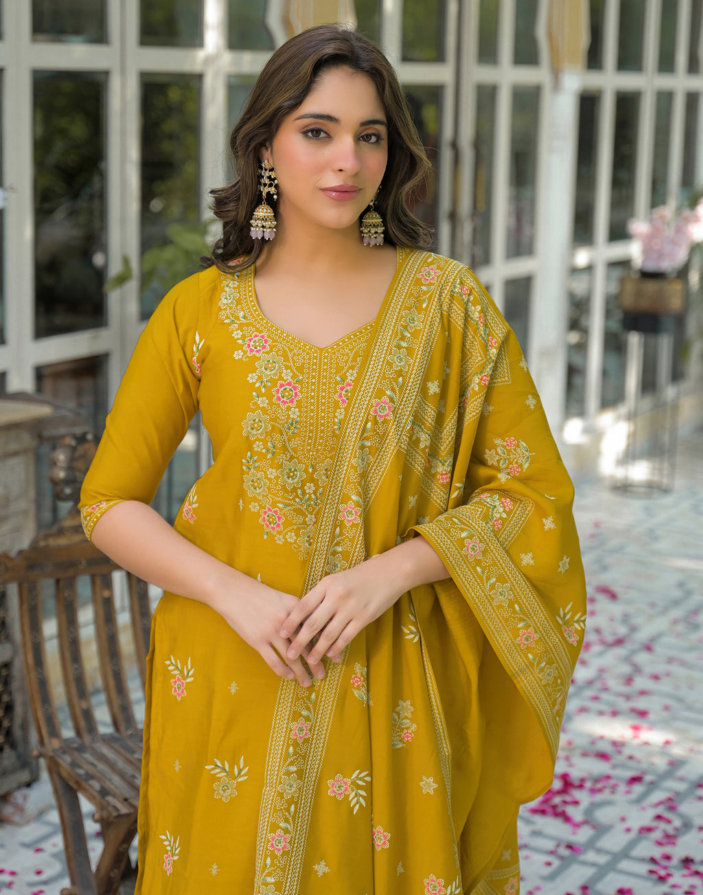 Skylee Silk Foil Print Straight 3 Piece Kurta Set For Woman