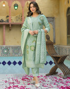 Skylee Silk Foil Print Straight 3 Piece Kurta Set For Woman