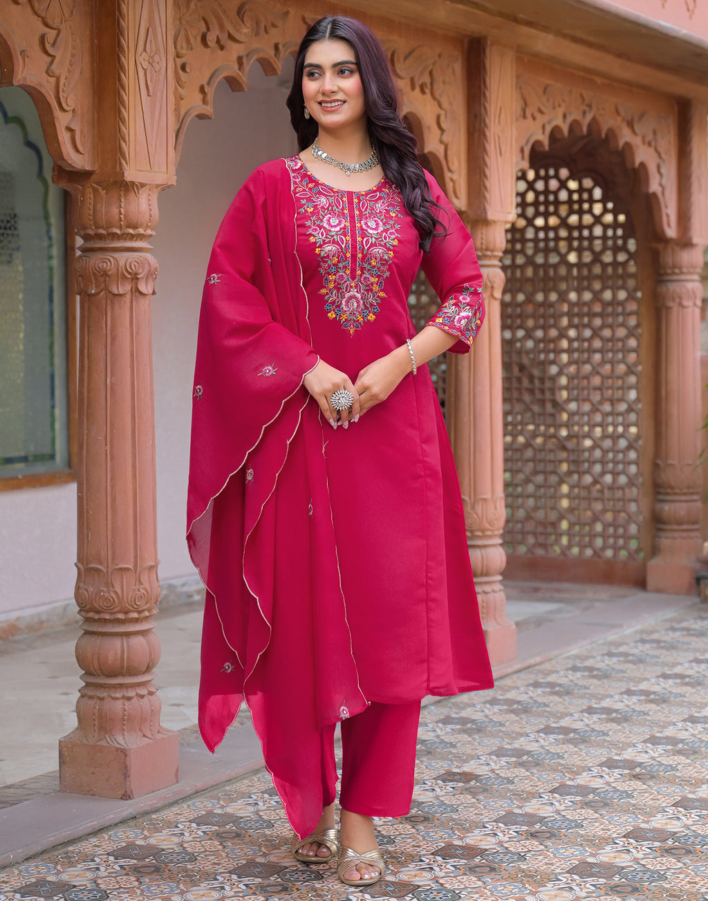 Skylee Silk Embroidered A-Line 3 Piece Kurta Set For Woman