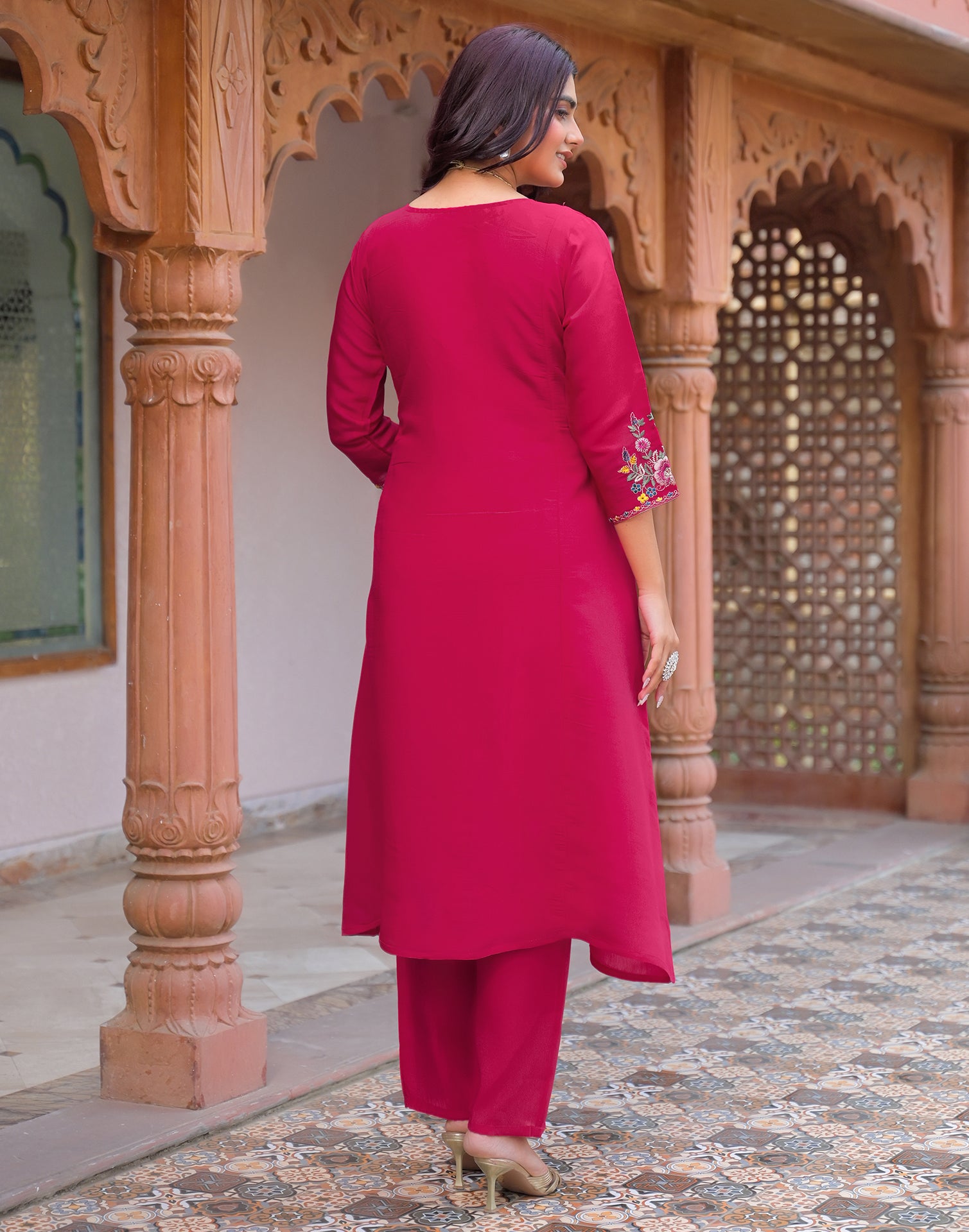 Skylee Silk Embroidered A-Line 3 Piece Kurta Set For Woman