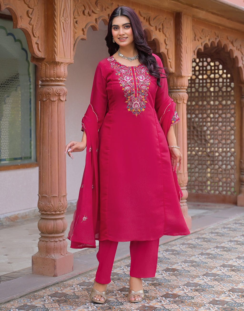 Skylee Silk Embroidered A-Line 3 Piece Kurta Set For Woman