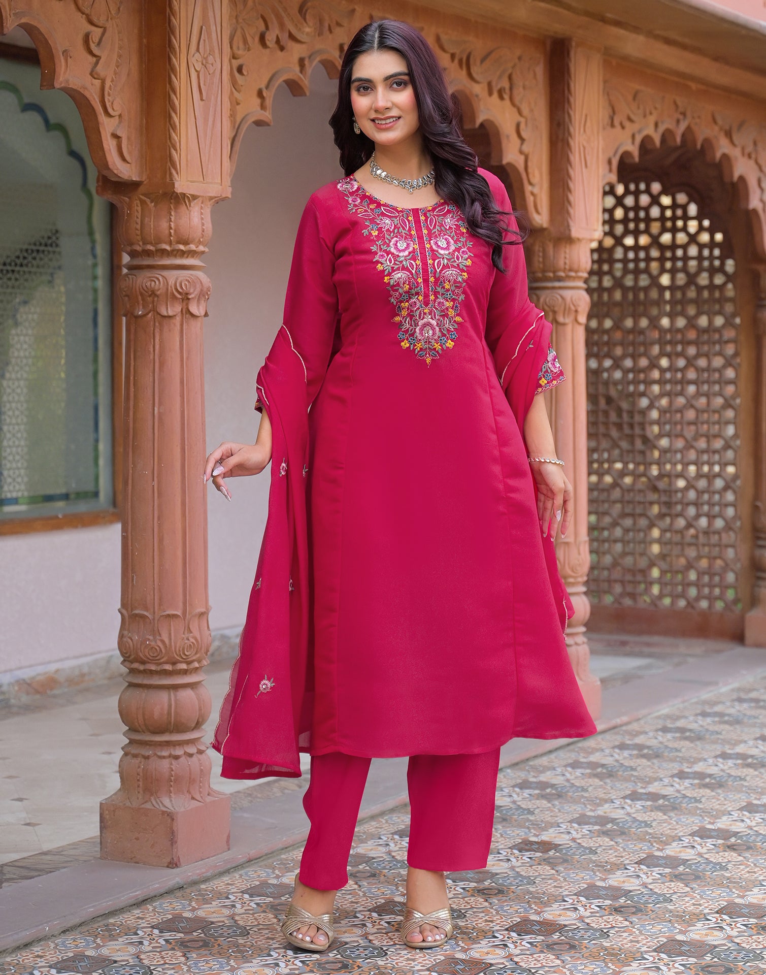 Skylee Silk Embroidered A-Line 3 Piece Kurta Set For Woman