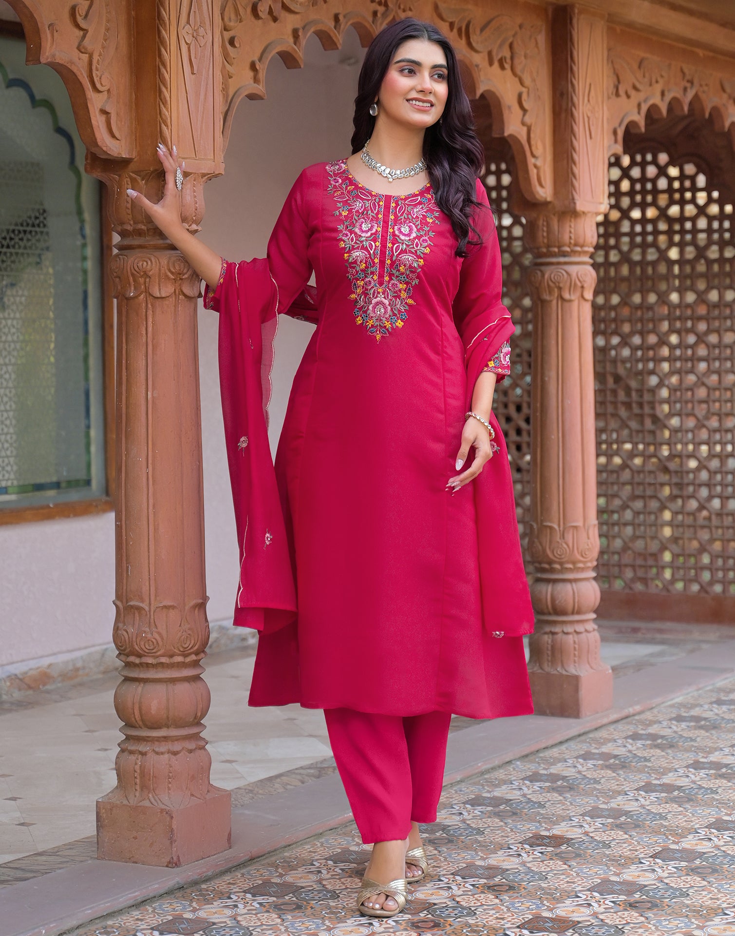 Skylee Silk Embroidered A-Line 3 Piece Kurta Set For Woman