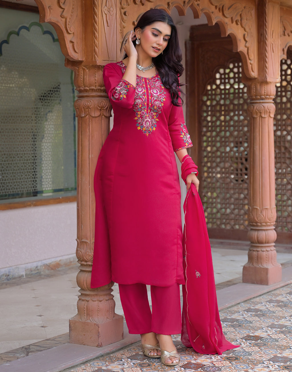 Skylee Silk Embroidered A-Line 3 Piece Kurta Set For Woman