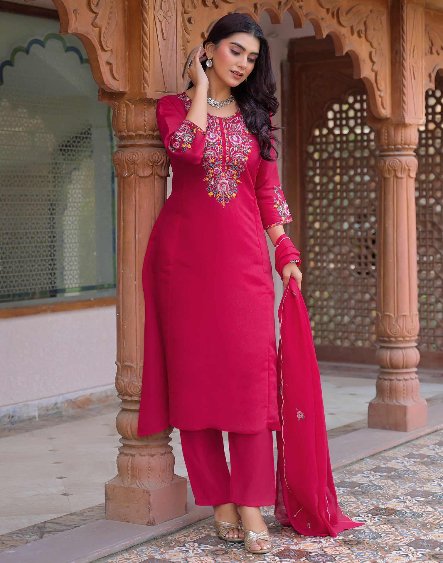 Skylee Silk Embroidered A-Line 3 Piece Kurta Set For Woman