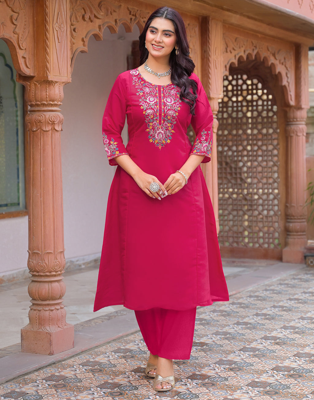 Skylee Silk Embroidered A-Line 3 Piece Kurta Set For Woman