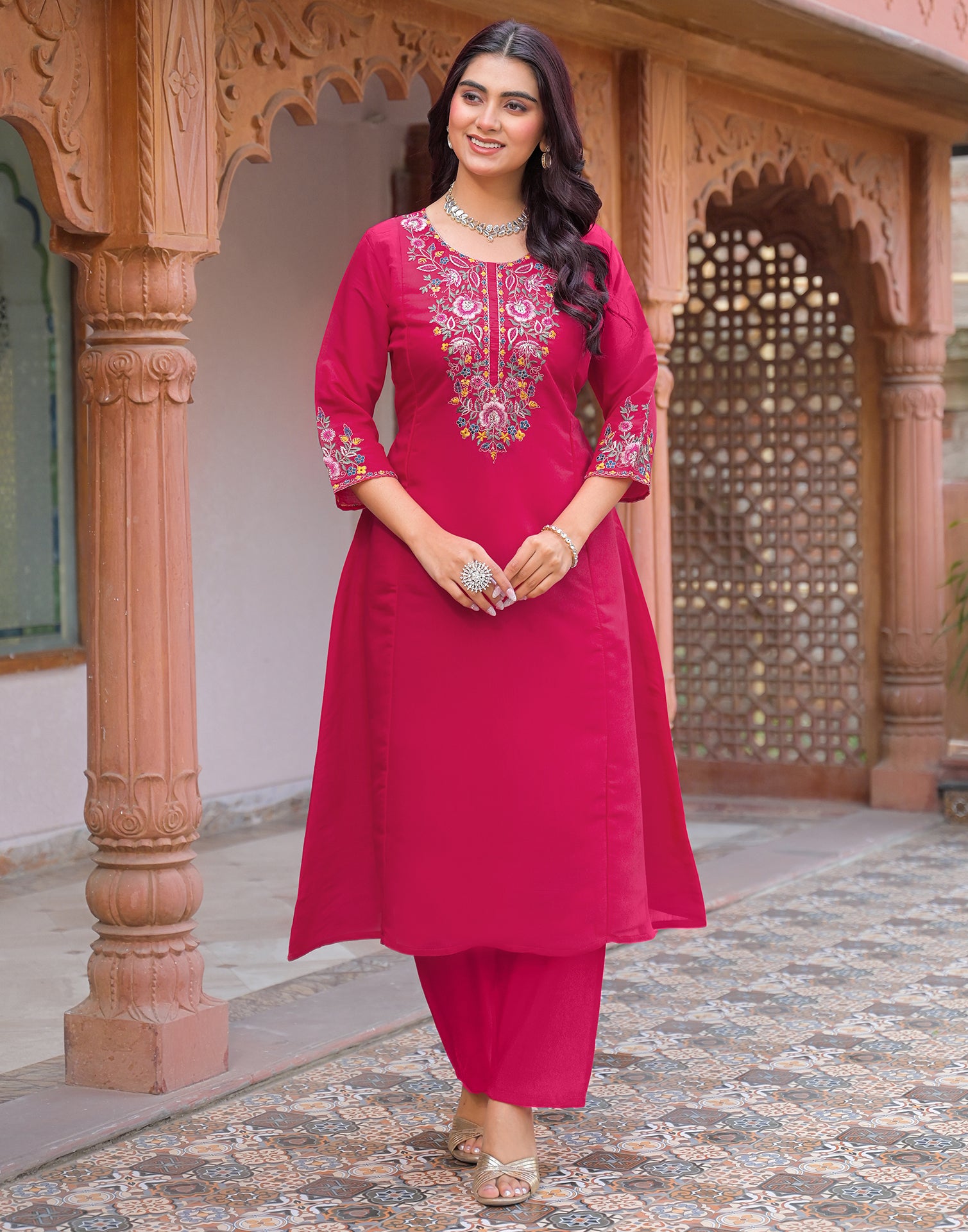 Skylee Silk Embroidered A-Line 3 Piece Kurta Set For Woman