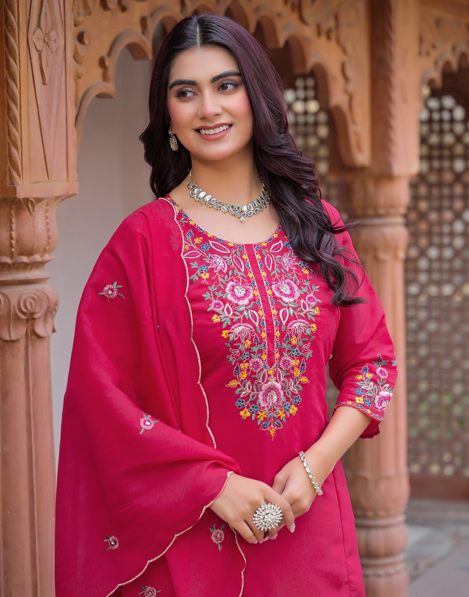 Skylee Silk Embroidered A-Line 3 Piece Kurta Set For Woman