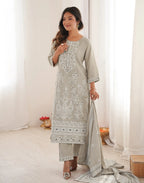 Skylee Silk Foil Print Straight 3 Piece Kurta Set For Woman