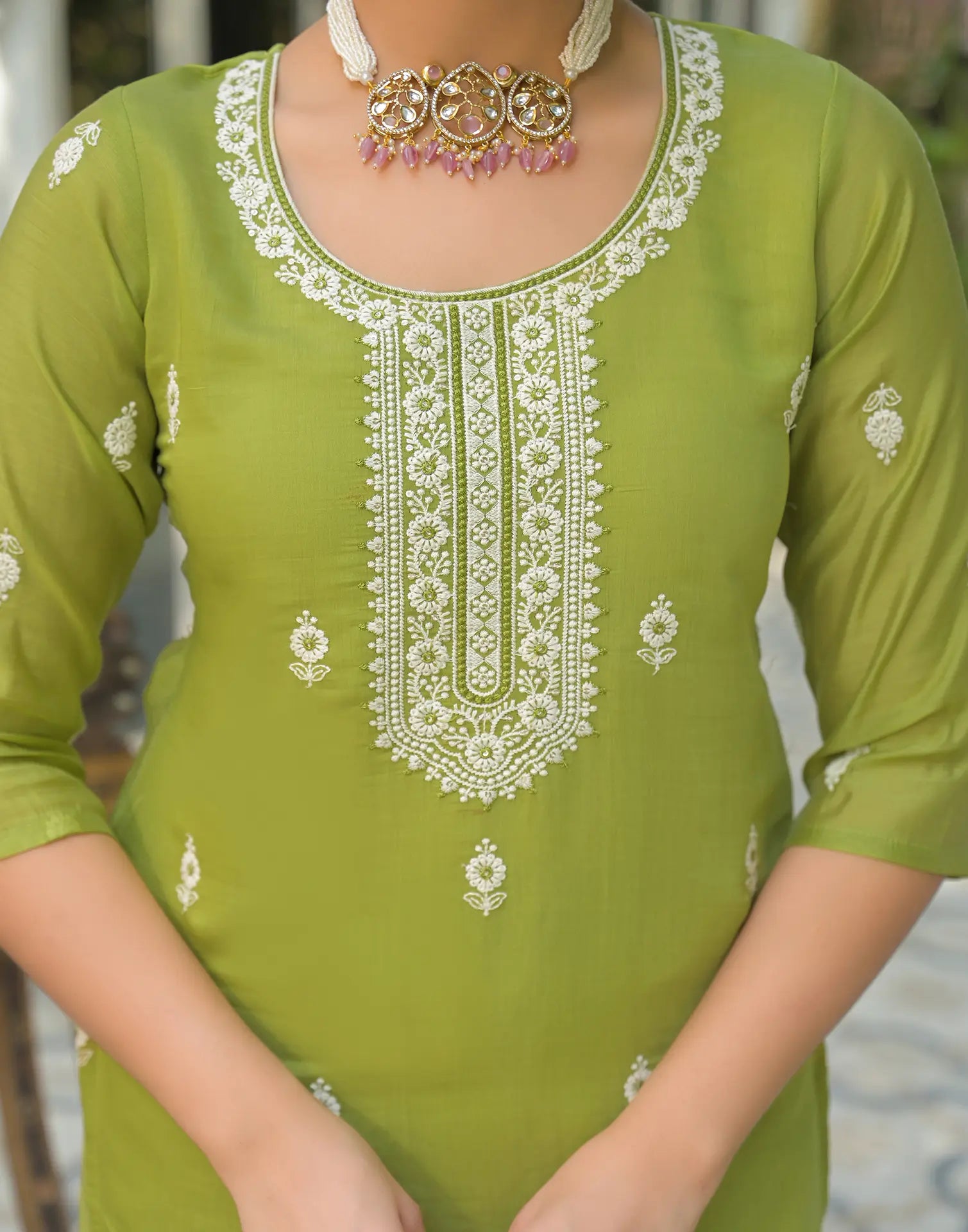Poly Chinnon Embroidered Straight 3 Piece Kurta Set